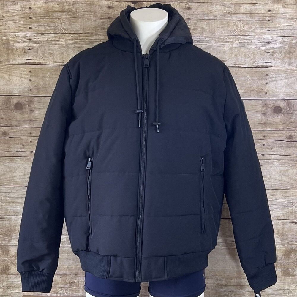 Kenneth Cole Mens Hooded Puffer Jacket Black Double Zip Bib Bomber Coat‎ KC NEW